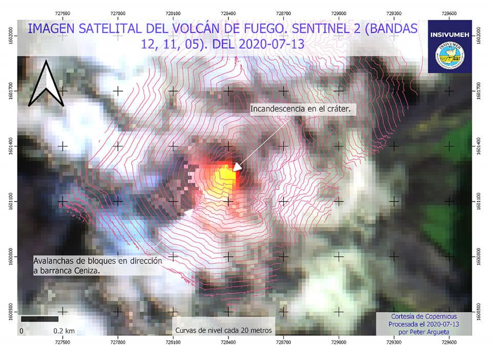 Fuego - avalanche of blocks in the direction of the Ceniza barranca - Sentinel image 2 bands 12,11,5 dated 13.07.2020 - Doc. Insivumeh