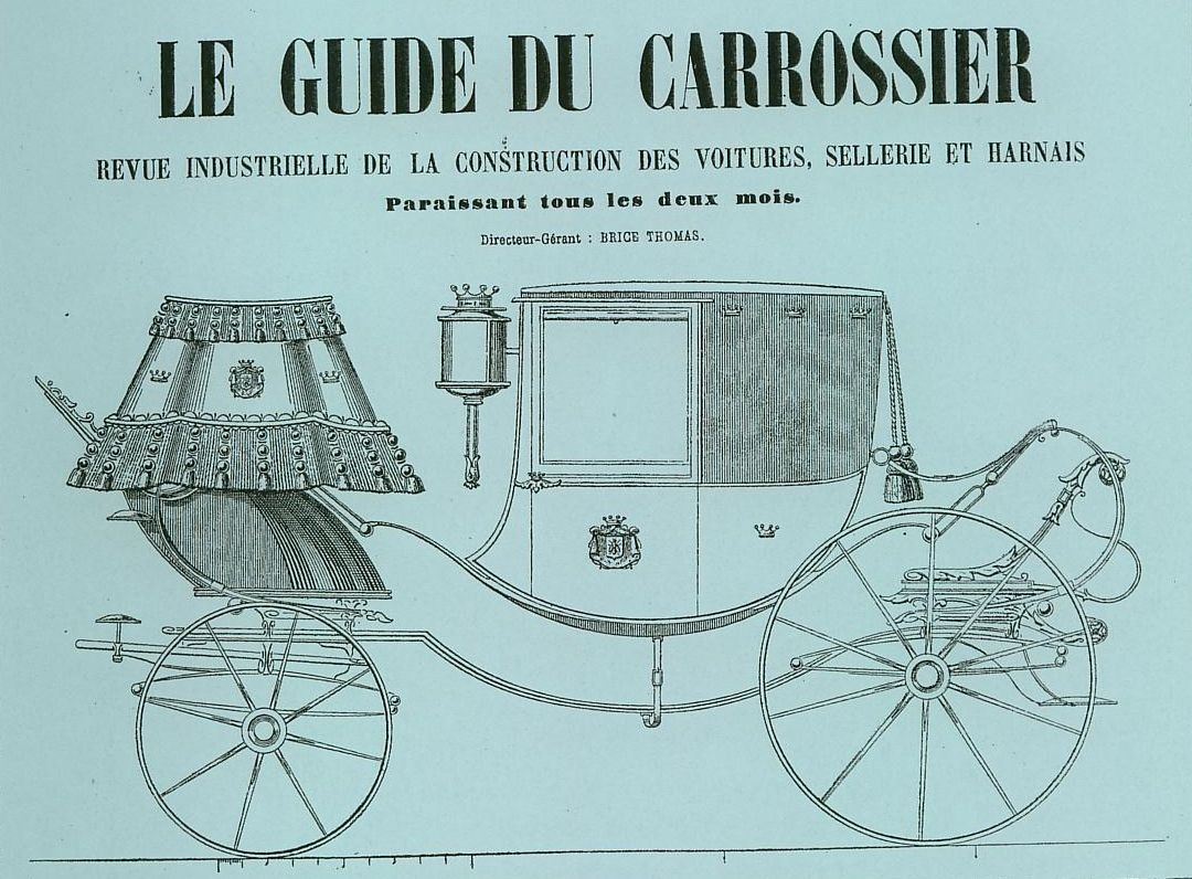 Grand coupé, dessin illustrant la couverture du Guide du carrossier, 1863.