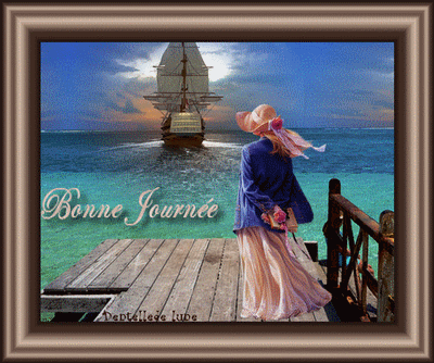 gif animé bonne journée avec femme romantique au bord de mer