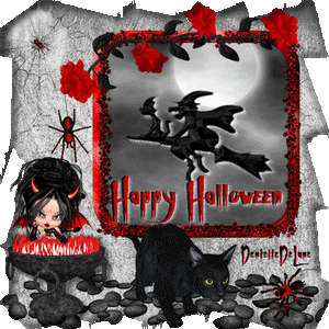 happy halloween avec sorcière sur son balai et chat noir