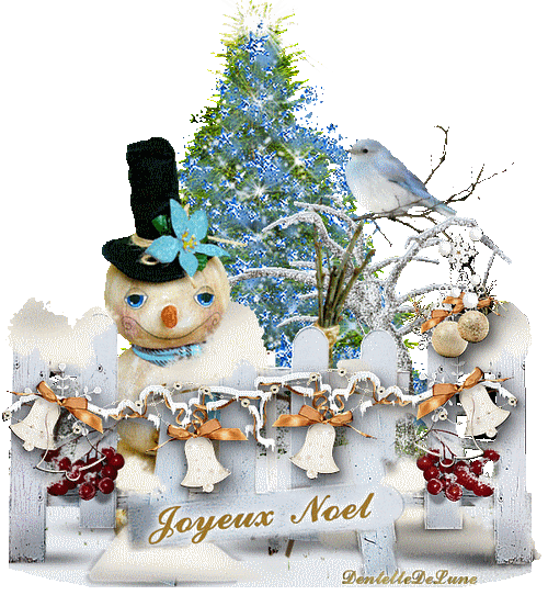 Gif Animé Noël Avec Bonhomme De Neige Sapin Illuminé Oiseau