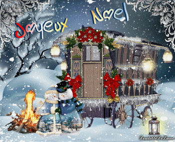 gif-animé-joyeux-noël-roulotte-scintillante-bonhomme-de-neige-feu-de-bois