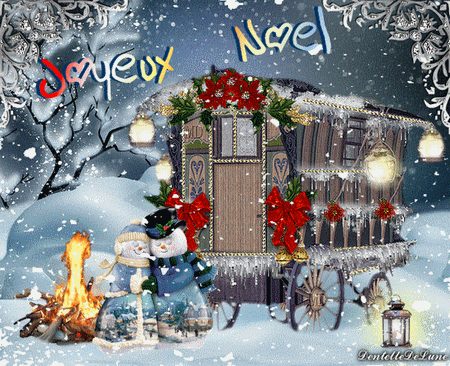 gif-animé-joyeux-noël-roulotte-scintillante-bonhomme-de-neige-feu-de-bois