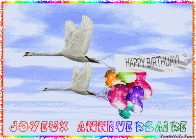 Gif Happy Birthday Joyeux Anniversaire Cygnes En Vol Avec Banderole Et Ballons Les Gifs Animes De Dentelledelune