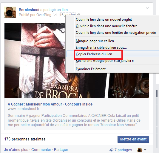 adresse du lien Facebook copier l'adresse du lien Facebook