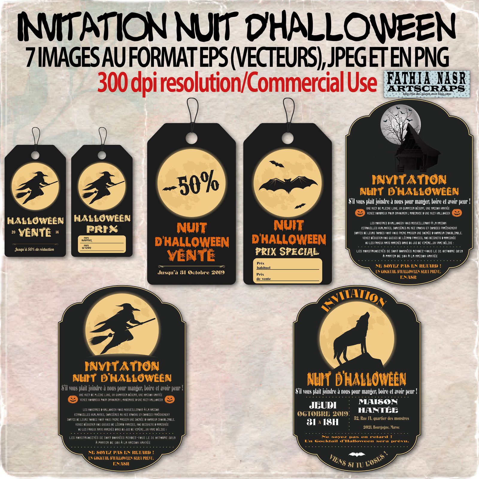 Images format EPS, PNG, et JPEG-Nuit d'Halloween-Cartes d'invitations avec un loup, lune, sorcière, maison effrayante, et Chauves-souris,