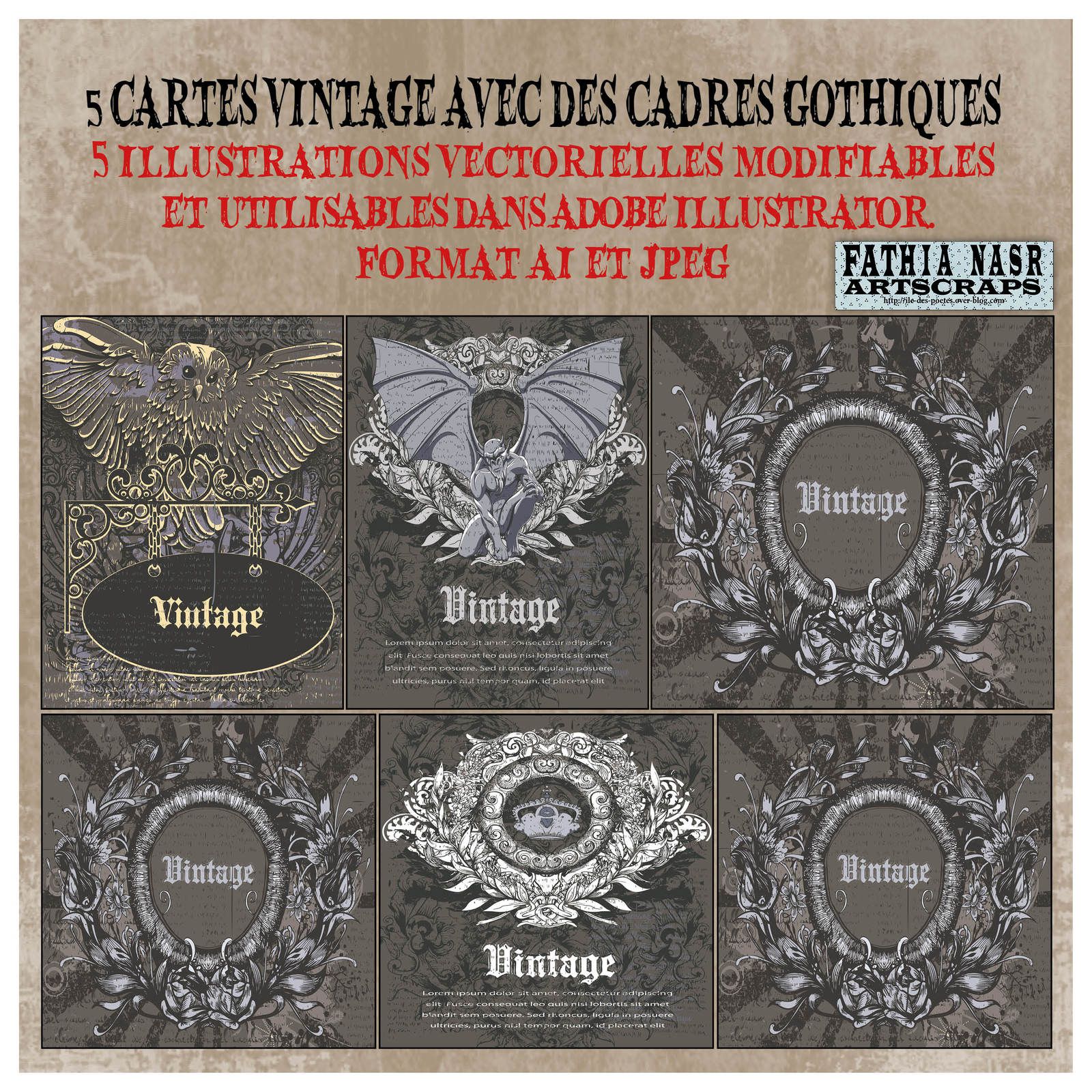 Gothic Cards, Cartes Gothiques, Vintage cards, Vintage Album, Scrapbook kit, Owl Vintage, Demon Vintage, Gothic cadres, Cadres gothiques, Illustrations Fathia NASR,