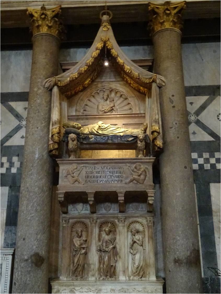 Baptistère, Florence : porte du Paradis (Ghiberti), mosaïques de la coupole, tombeau de l'antipape Jean XXIII déposé en 1415 par le concile de Constance (statue de Donatello)