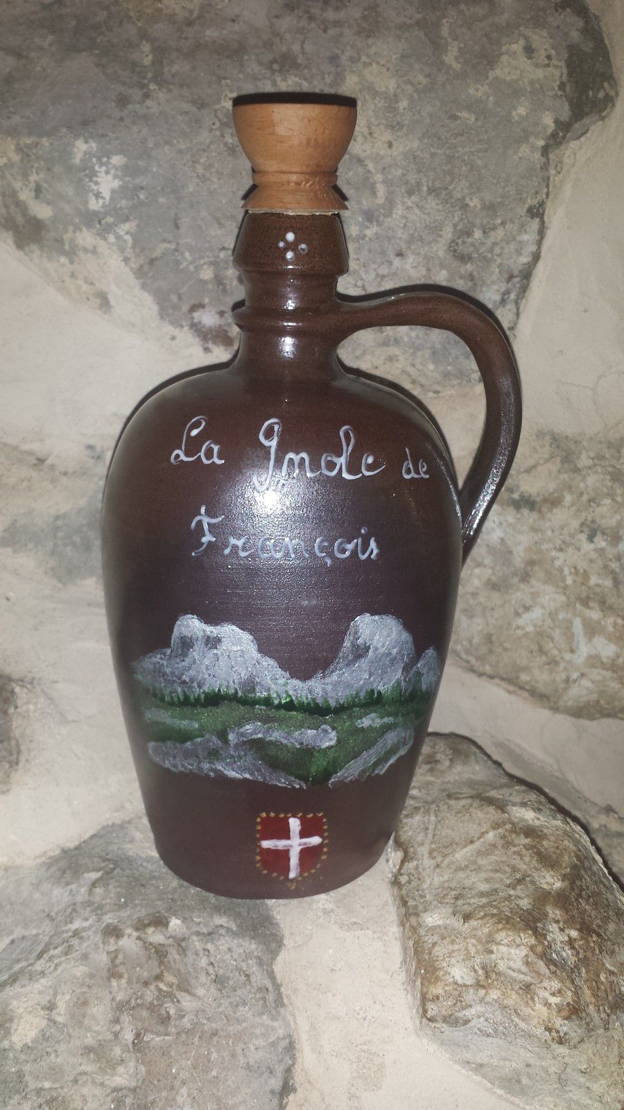 Bouteille Eau De Vie Personnage En Bois Bouteille d'eau de vie en grès bouchon tourné en hêtre - Fées des Montagnes