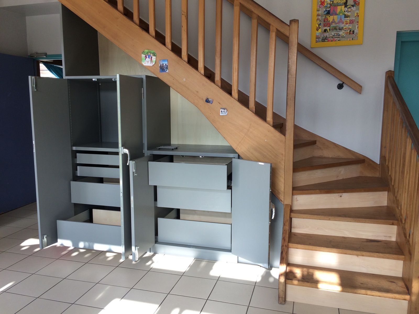 Tiroirs meubles sous escalier, escalier, agencement sous escalier, tiroirs tip-on, tiroirs, lau bois créations