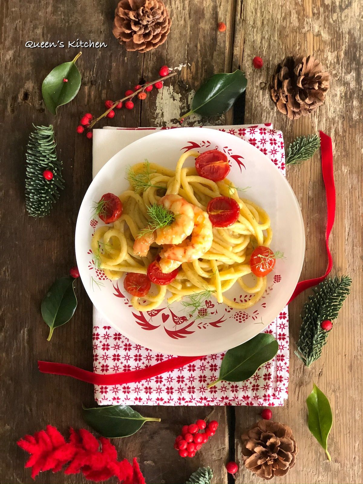 Spaghetti alla Chitarra con Gamberi glassati all’Arancia Crema di Patate al Finocchietto e Pomodorini Confit 