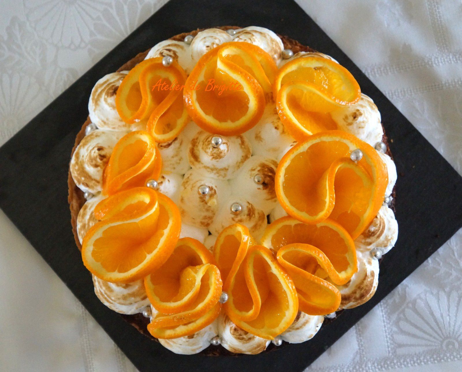 tarte, meringue italienne, orange, pâte sucrée, crémeux amandes et oranges