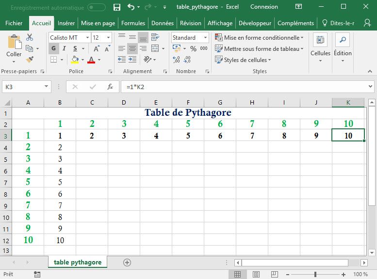 Apprendre à utiliser Excel comme un couteau suisse #5 : Table de Pythagore