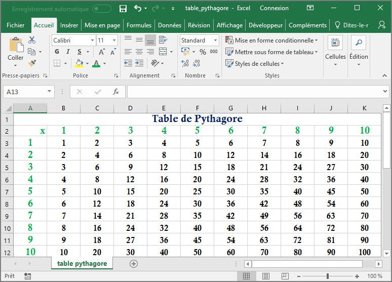 Apprendre à utiliser Excel comme un couteau suisse #5 : Table de Pythagore