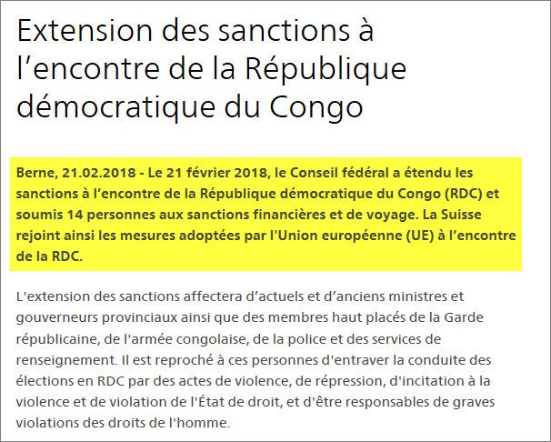 RDC : La Suisse sanctionne, à son tour, 14 personnalités de la Kabilie