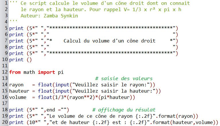 Script #2 : Calcul du volume d'un cône droit