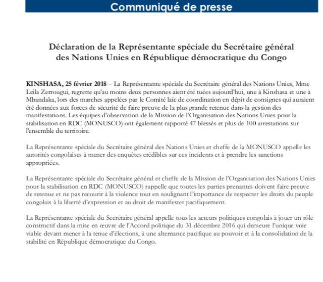 Communiqué de presse de la Monusco du 25/02/2018