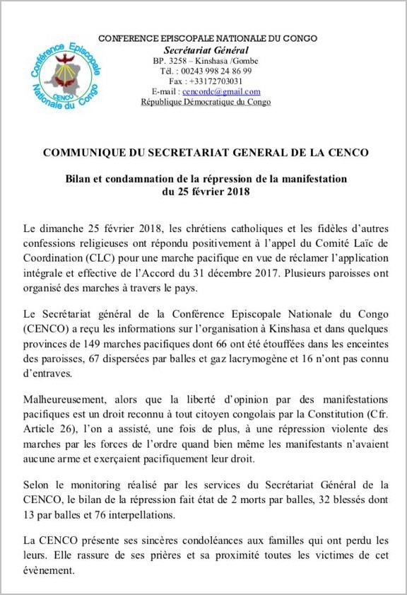 Bilan de la marche des Chrétiens pacifiques du 25 février (La Cenco)