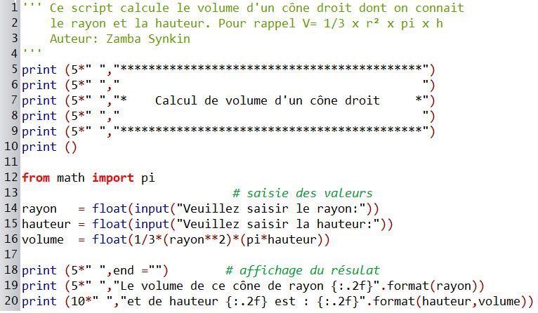 Calcul du volume d'un cône droit 1re forme de script