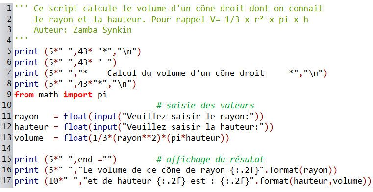Calcul du volume d'un cône droit 2ème forme de script #2