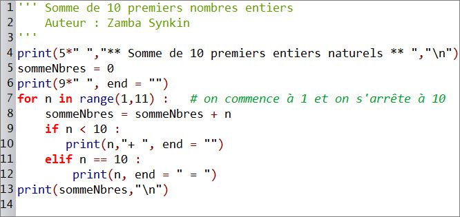 Somme de 10 premiers entiers naturels