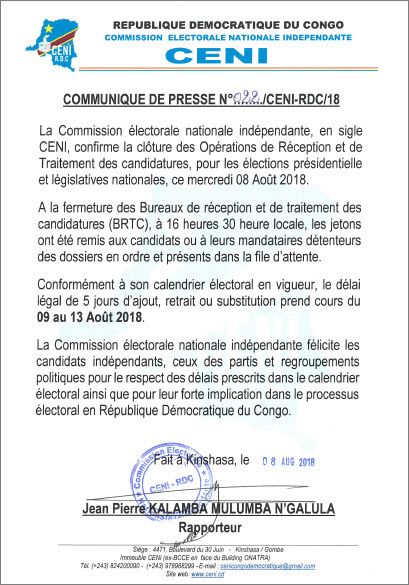 Communiqué de presse de la CENI (08-08-2018)