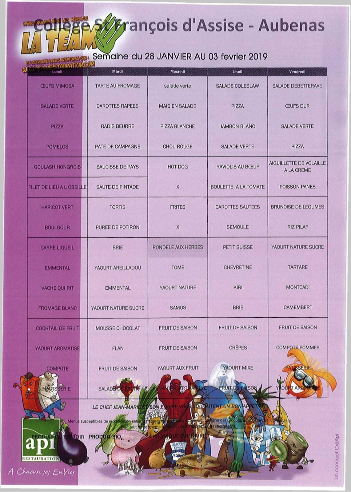 Les menus du 28 janvier au 1er février 2019 (semaine 05)