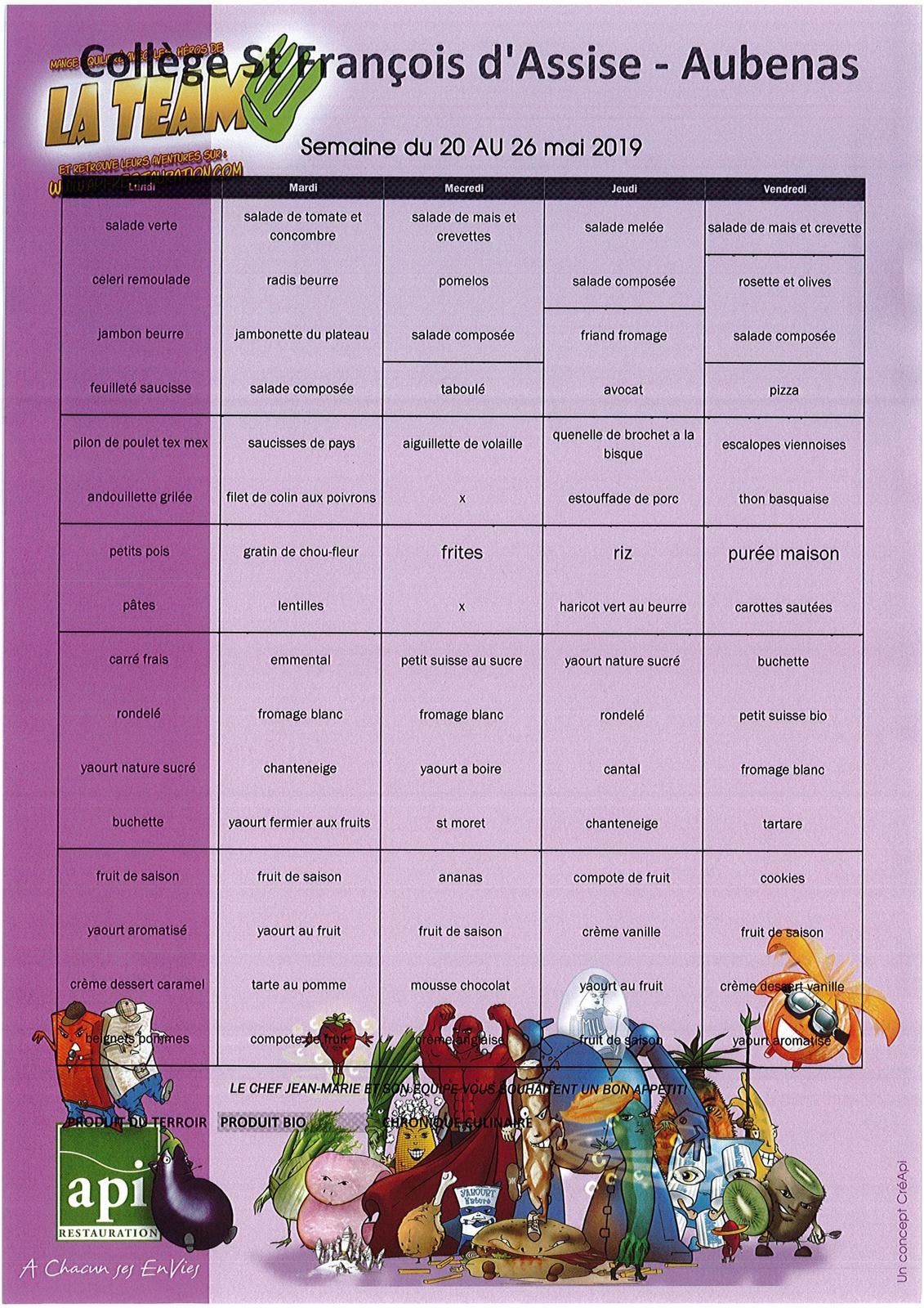 Les menus du 20 au 24 mai 2019 (Semaine 21)