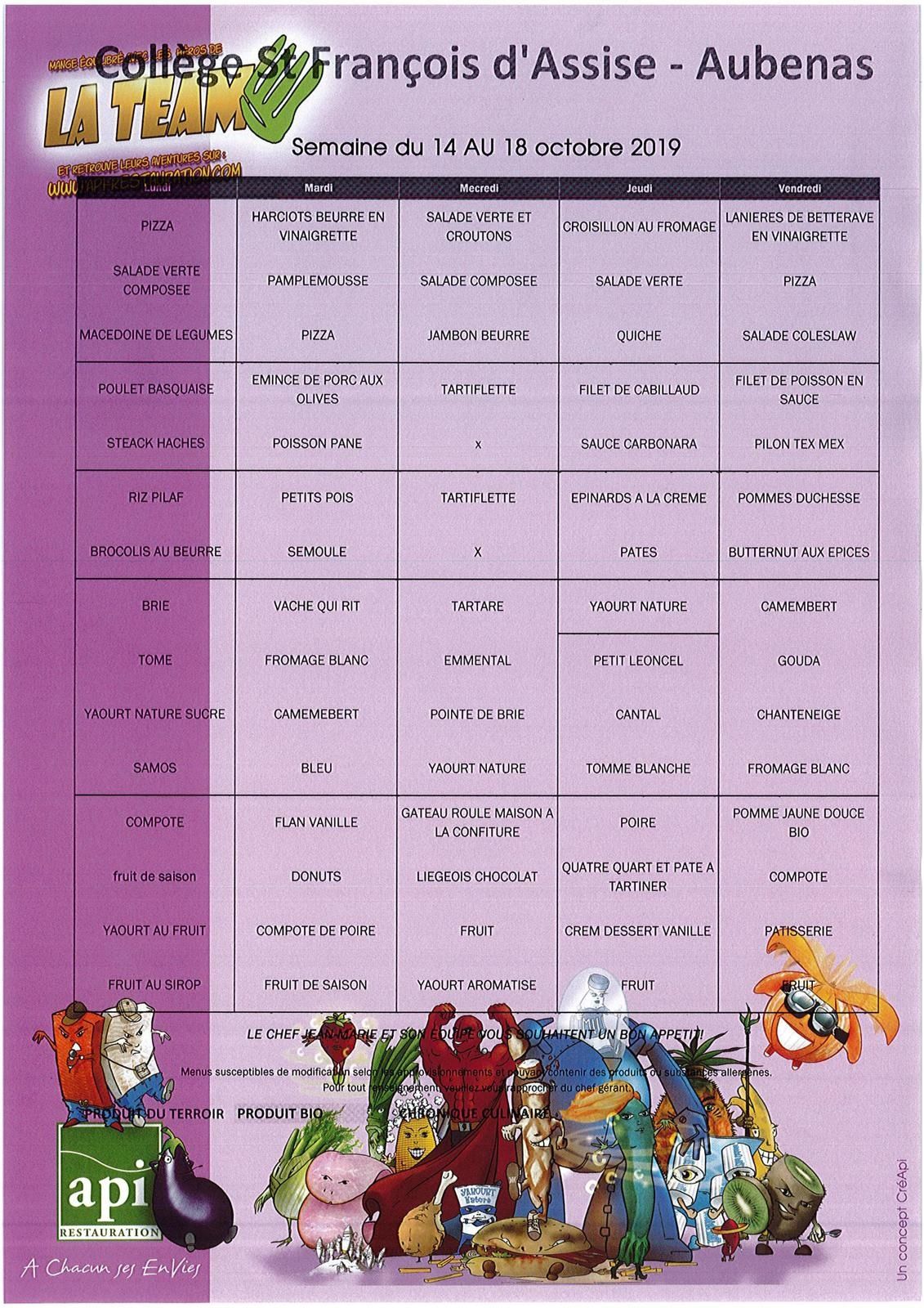 Les menus de la semaine 42 (du 14 septembre au 18 octobre)