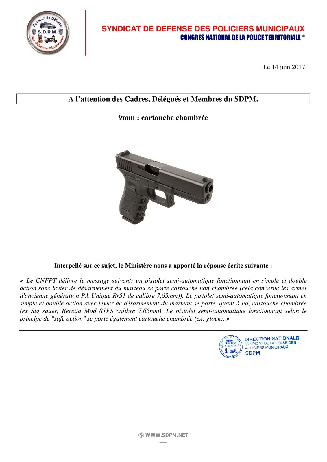 Pistolet 9 mm : cartouche chambrée ou non ? le SDPM répond