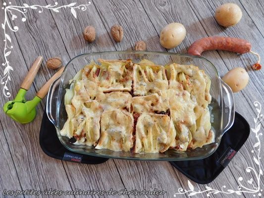 gratin de pommes de terre, chorizo, raclette et noix