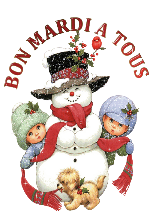 Bon Mardi à tous - Bonhomme de neige - Enfants - Neige - Noël - Gif animé - Gratuit - Le Monde des Gifs