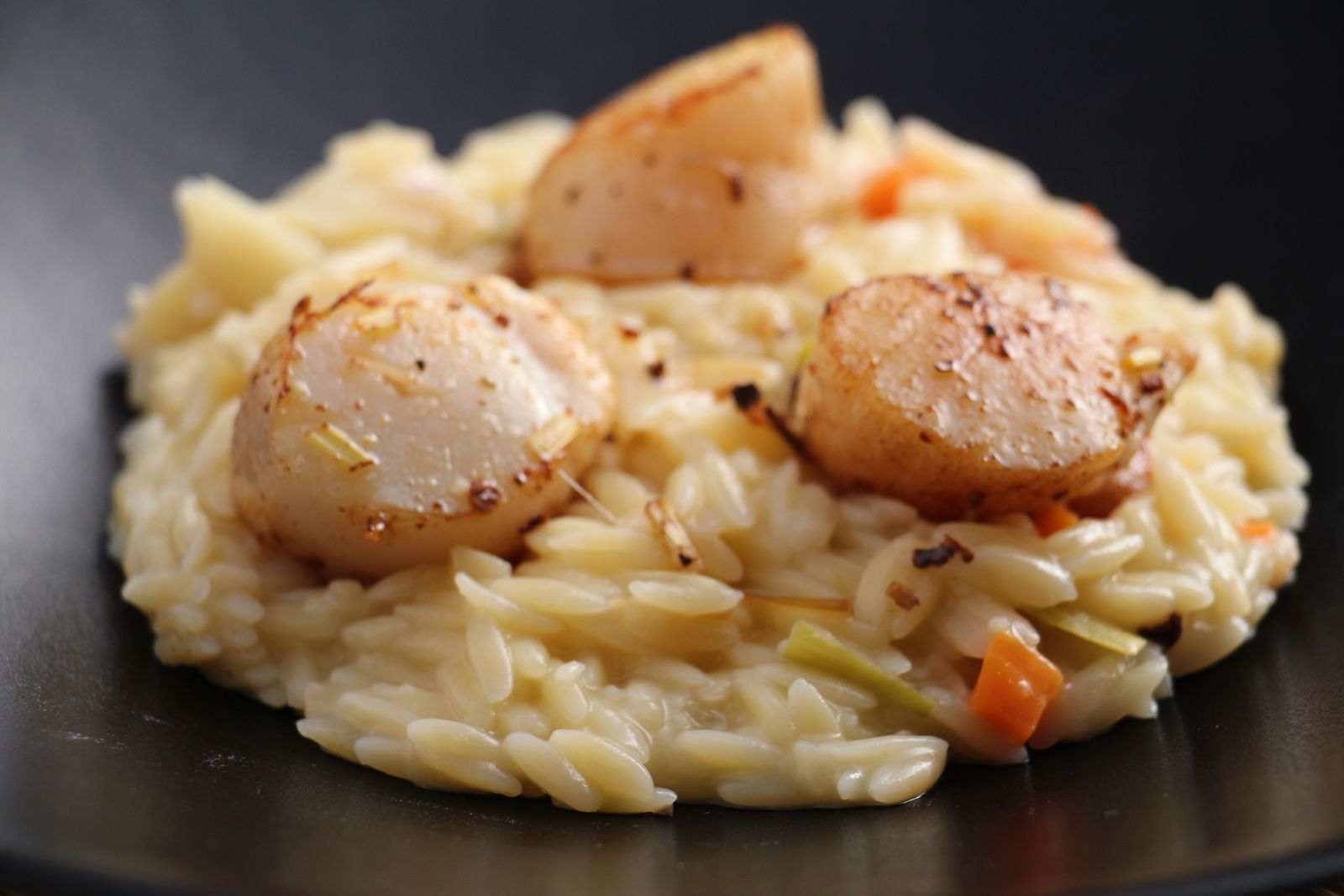 Noix de saint jacques rôties , risotto d'avoine à la citronnelle et aux