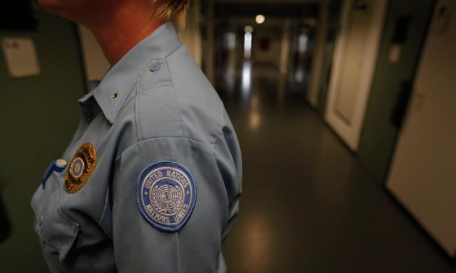 A UN security guard in the detention unit of the international criminal tribunal for the former Yugoslavia.