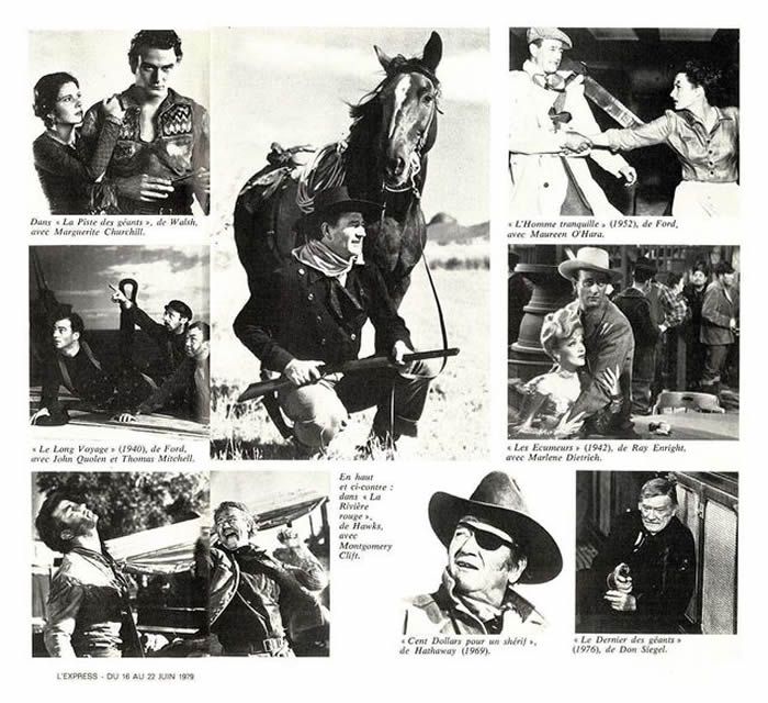 Filmographie de John Wayne en quelques photos dans L'Express du 16 juin 1979.  L'Express