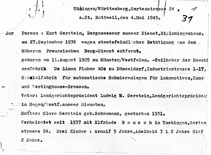 Page 1 (sur 33) du rapport de Kurt Gerstein, version du 4 mai 1945
