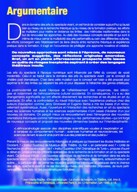 Appel : Les nouvelles approches de recherche et de formation dans les arts du spectacle (8-9 oct. 2015, Kef-Tunisie)