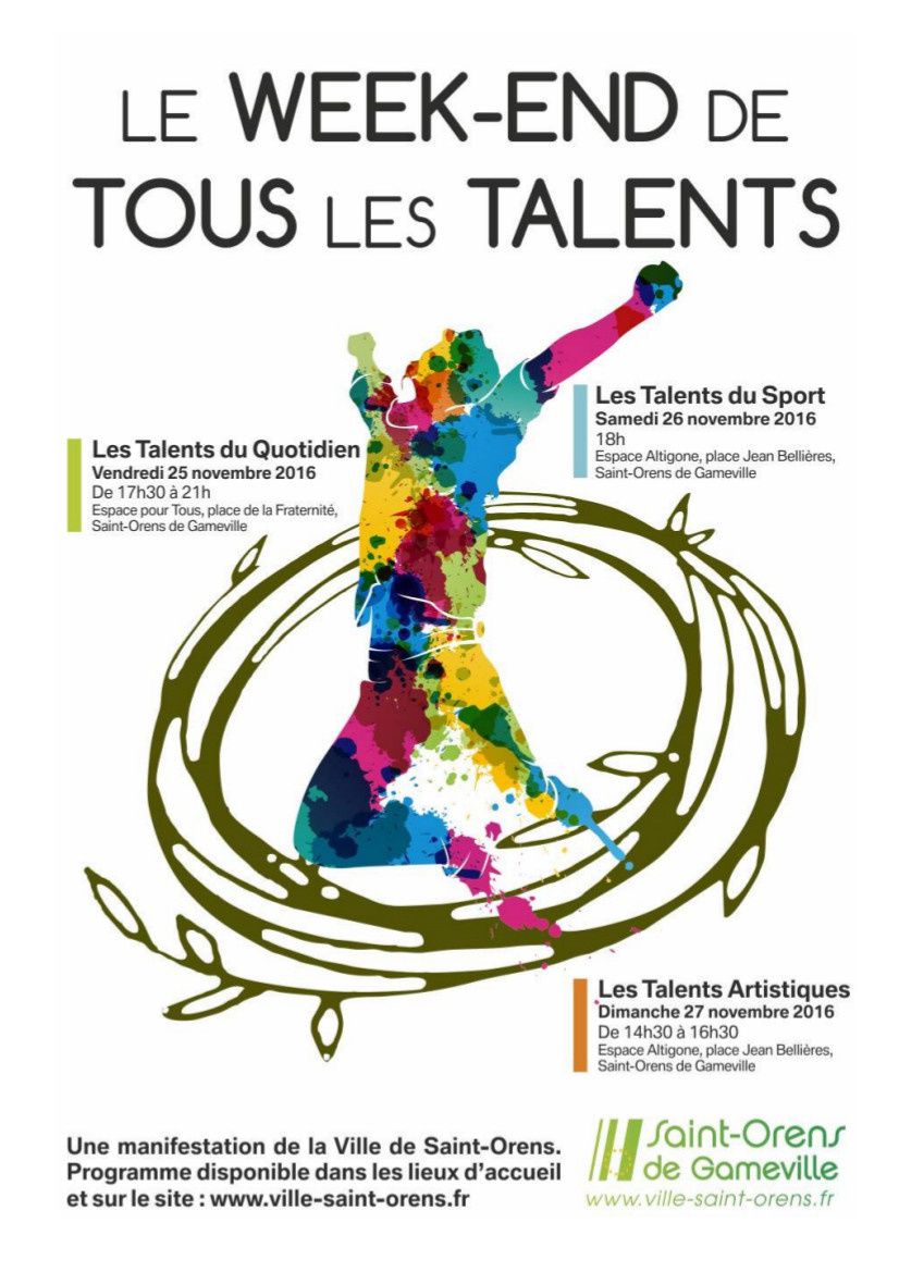 J'exposerai mes dessins au Week-end de Tous les Talents de Saint-Orens de Gameville ( Talents du Quotidien, Talents du Sport et Talents Artistiques).  Merci à la Mairie de Saint-Orens de Gameville pour cette initiative originale ! Espace Altigone, le dimanche 26 novembre 2016