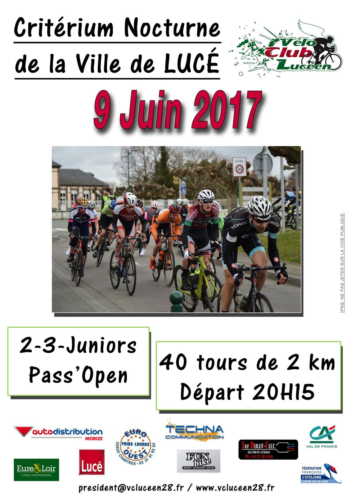 Critérium de Lucé (28) en 2, 3, J et PC open le vendredi 9 juin : un beau plateau de 53 coureurs avec le champion de France juniors