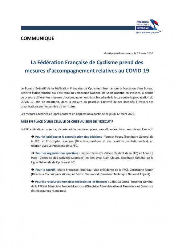 La FFC a communiqué des mesures d'accompagnement relatives au COVID-19