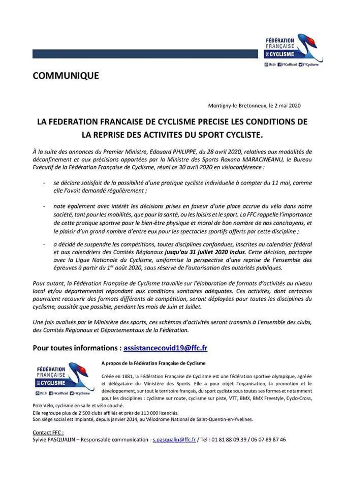 Communiqué de la FFC du 2 mai 2020