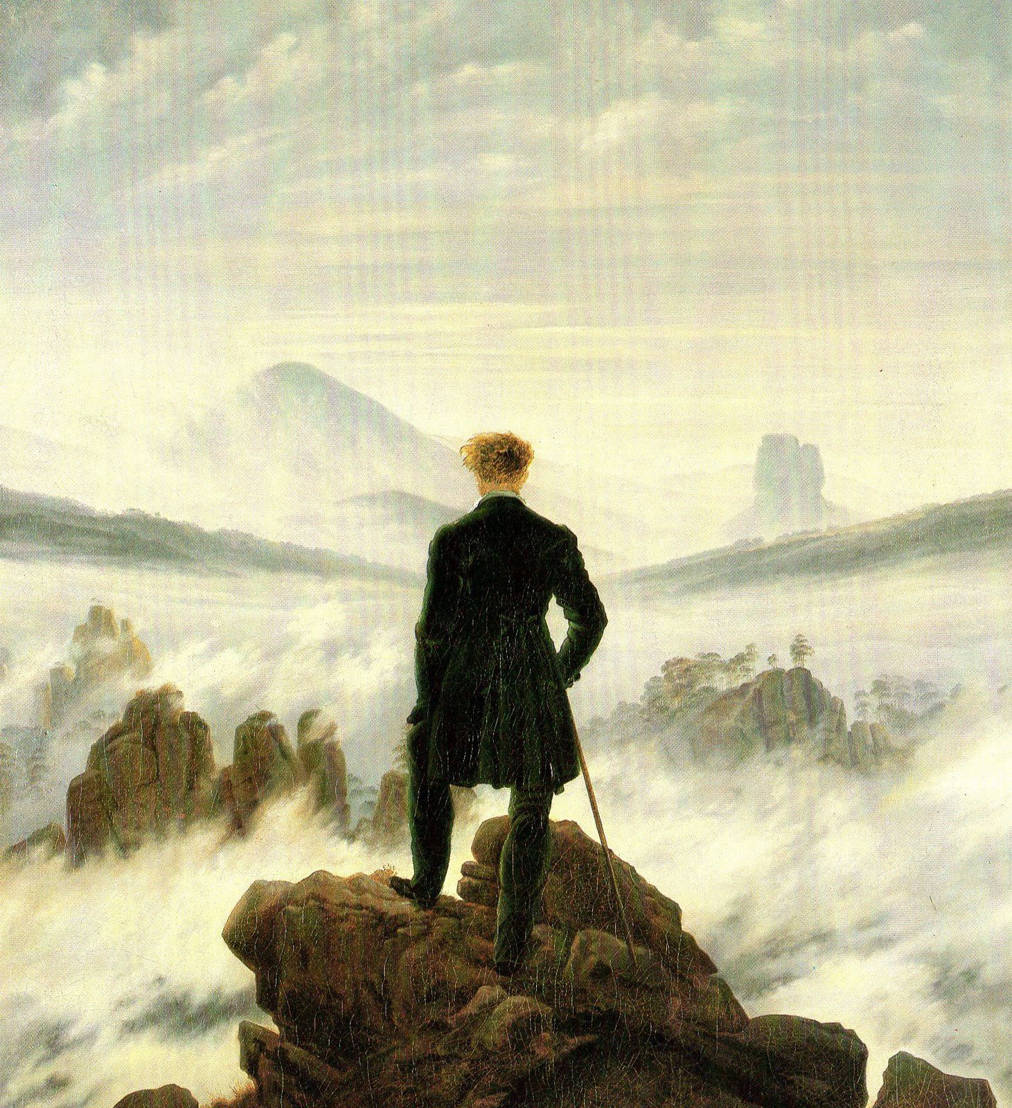 Le voyageur au-dessus de la mer de nuages (Der Wanderer über dem Nebelmeer) (1818). Détail d'une œuvre de C.D. Friedrich reproduite dans C.D. Friedrich, Le Tracé et la transparence, Centre Culturel du Marais, Paris, 1984. Fig. 59, p. 82. HST, 74,8 x 98,4 cm. Hambourg - Kunsthalle, inv. Nr. 5161.