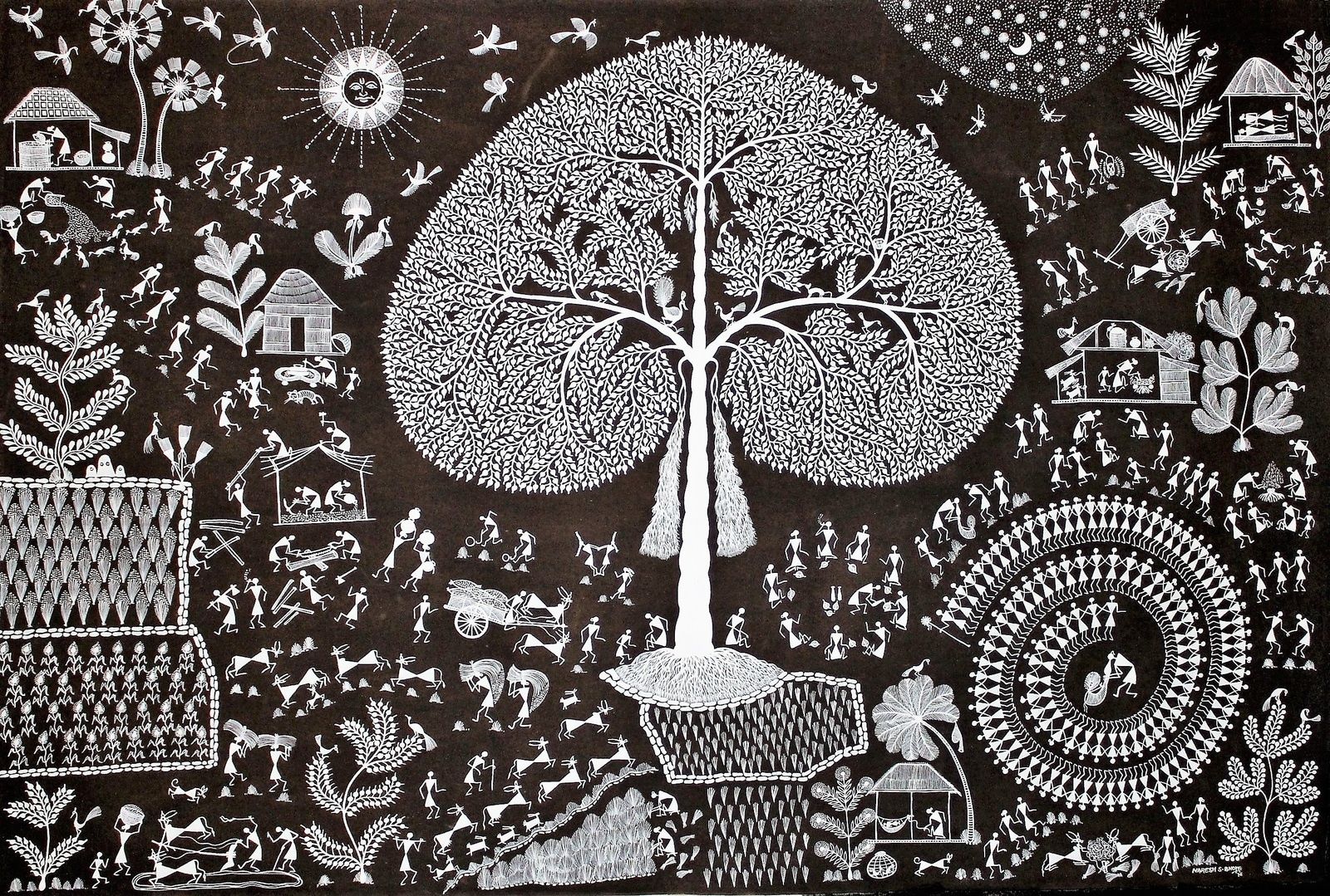 Le jour et la nuit de Naresh Boye, 120x80 cm, fond : bouse + résine, motifs : acrylique