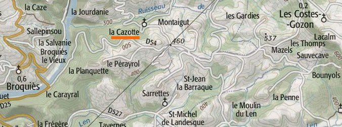Le village de La Cazotte, commune de Broquies, a été le siège d’une importante paroisse. Le prieuré de Saint Laurent, annexe de Costrix, remplaça celui-ci à compter du XIVe siècle. L’église actuelle a été construite en 1856-57