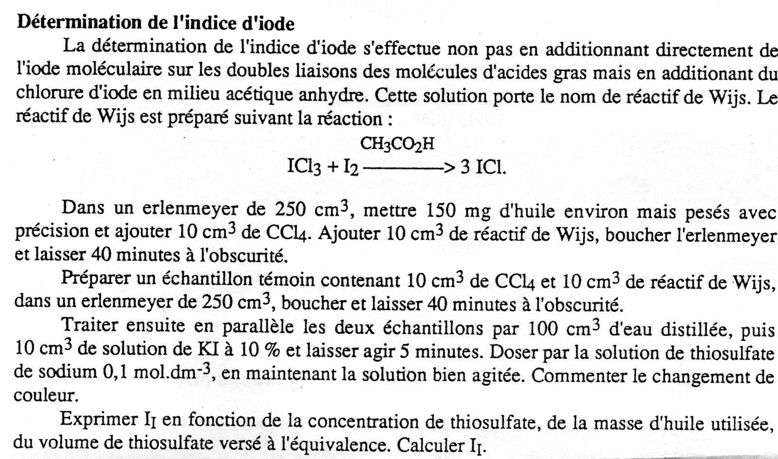 C.O.A. 10- détermination de l'indice d'iode - méthode de Wijs - Chimie  Organique de A à Z