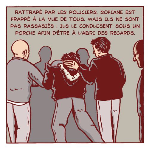 Extrait de la BD racontant l’histoire de Sofiane, agent logistique se rendant à son travail, tabassé par des policiers aux Ulis le 24 mars. Auteur : Remedium