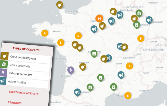 Construire une vue d'ensemble des colères et des résistances dans le monde du travail depuis le début de la pandémie du Covid19 : voilà l'objectif premier de cette carte interactive en ligne…(77 à ce jour..)