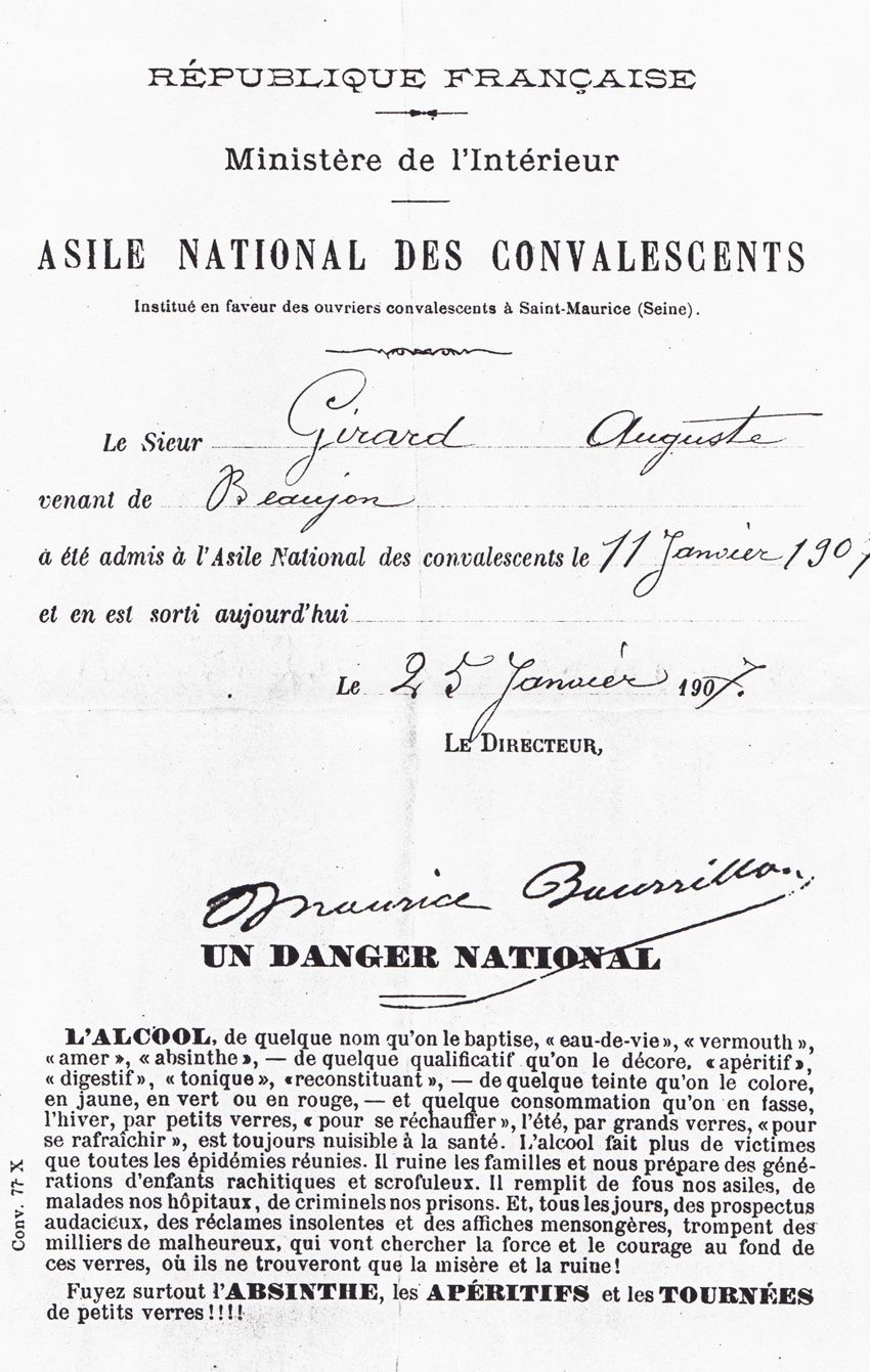 Feuille d'internement pour alcoolisme pour Charenton, 1907. Une mise en garde contre l'alcool et l'absinthe est inscrite au bas de la feuille. Coll. Delahaye.