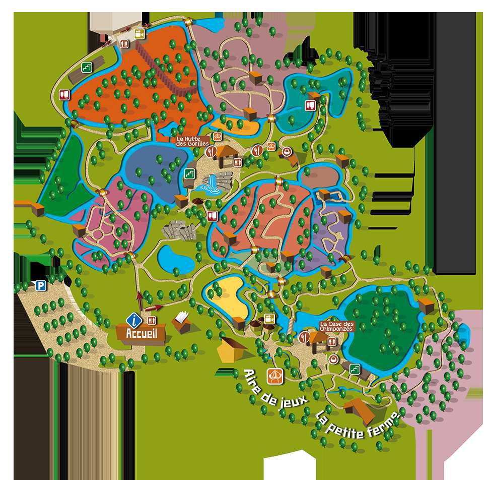 Plan du parc et des différents espaces de la Vallée des Singes (Source : http://www.la-vallee-des-singes.fr/download.php?file=original_151158-plan-de-la-vallee-des-singes-2016.pdf )
