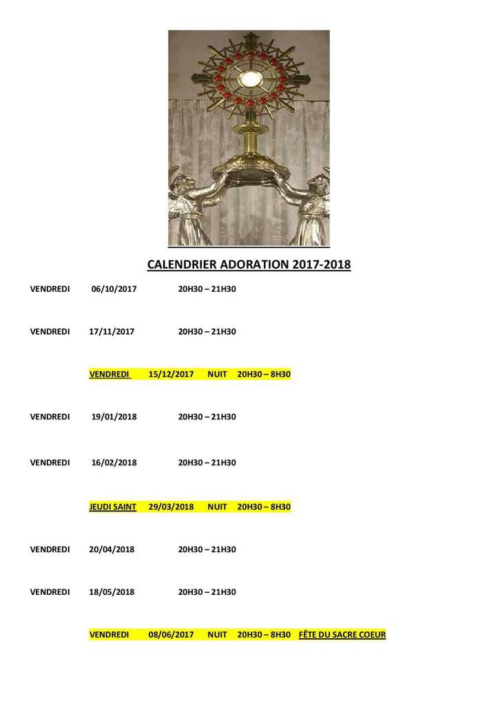 Calendrier des temps d'adoration 2017-2018